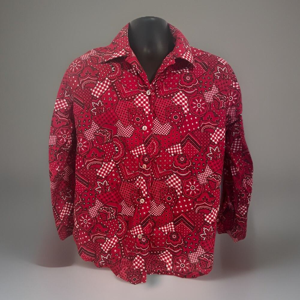 VTG Western Button Up Patchwork Shirt Plaid Cotton Unisex Red Floral M/L